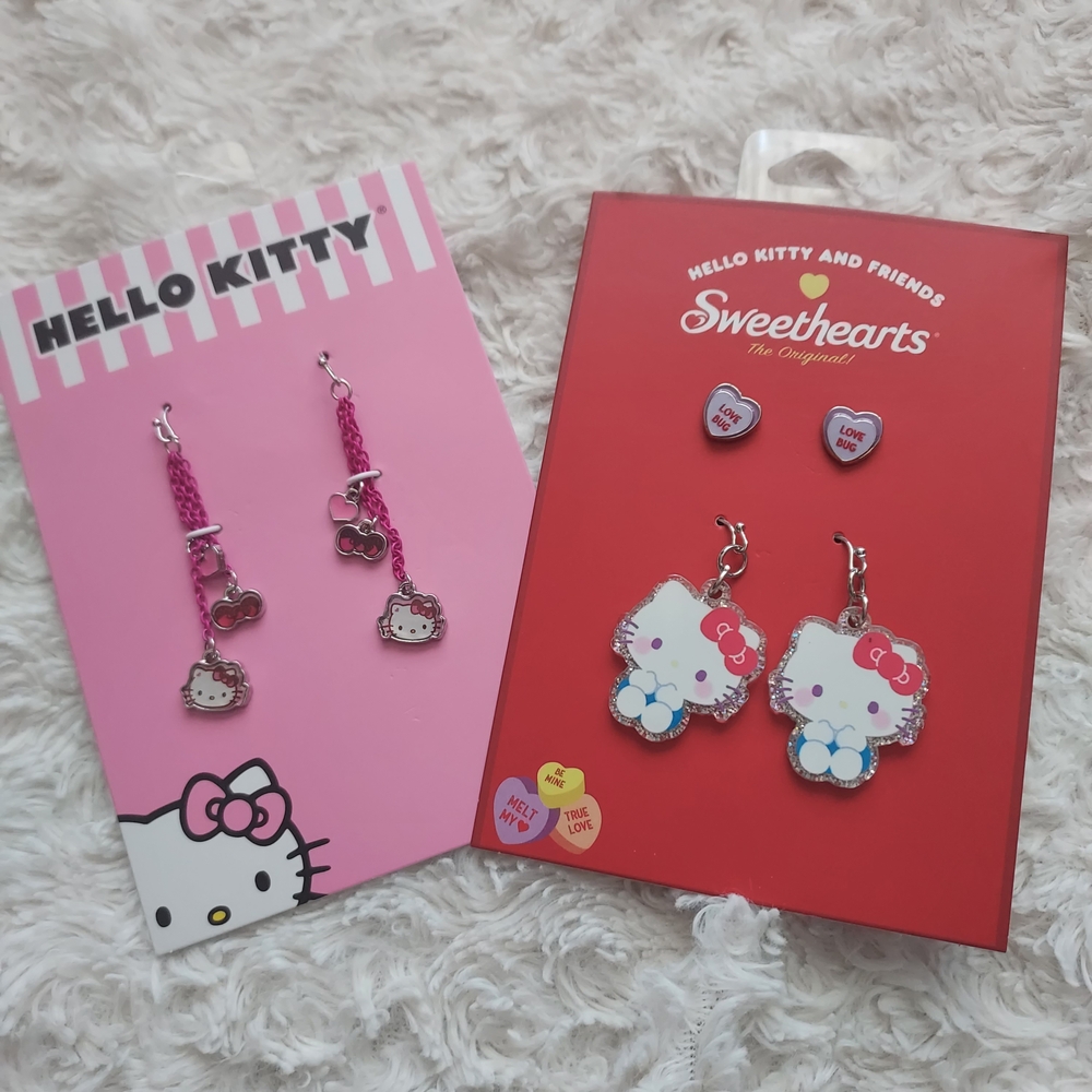 Hello Kitty Pink White Charm Earring and Stud Set Sanrio 3 Pair Bundle